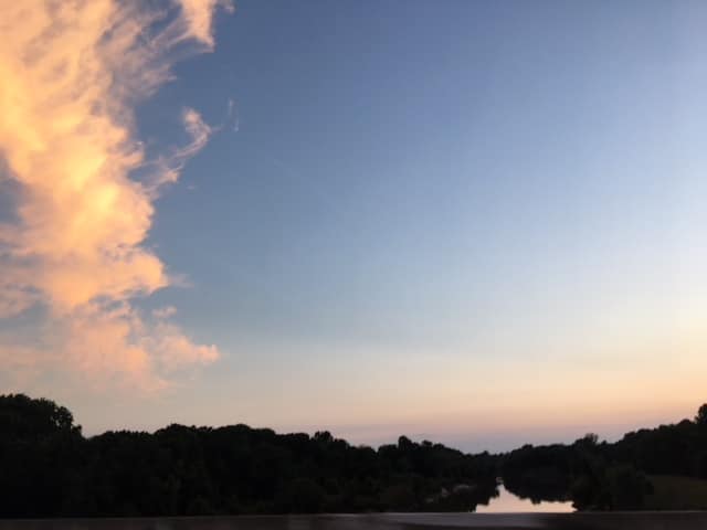 sky, sunset, river, skyline, horizon, woods, bridge