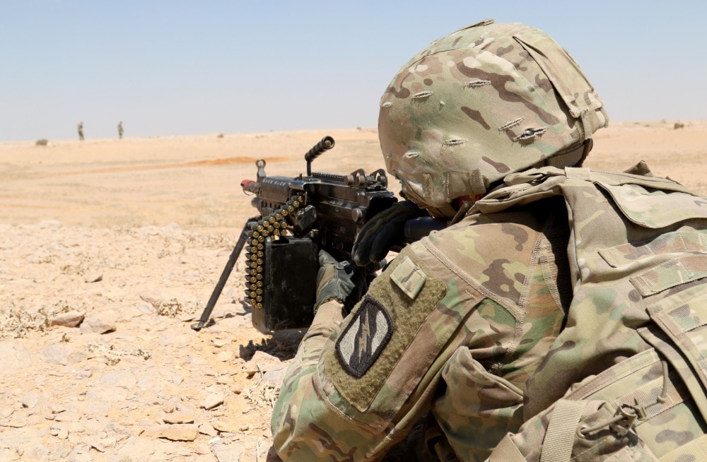 MOHAMED NAGUIB MILITARY BASE, Egypt – Spc. Zachary Johnson, M249 gunner for Alpha Company, 1st Battalion, 155th Infantry Regiment, 155th Armored Brigade Combat Team, Task Force Spartan, cover his sector during the Situational Training Exercise on September 13, 2018. The Soldiers were covered by their Bradley Fighting Vehicles, Abrams Main Battle tanks, and allied troops from Jordan and Egypt during the training event at Bright Star 18. (U.S. Army photo by Staff Sgt. Matthew Keeler)