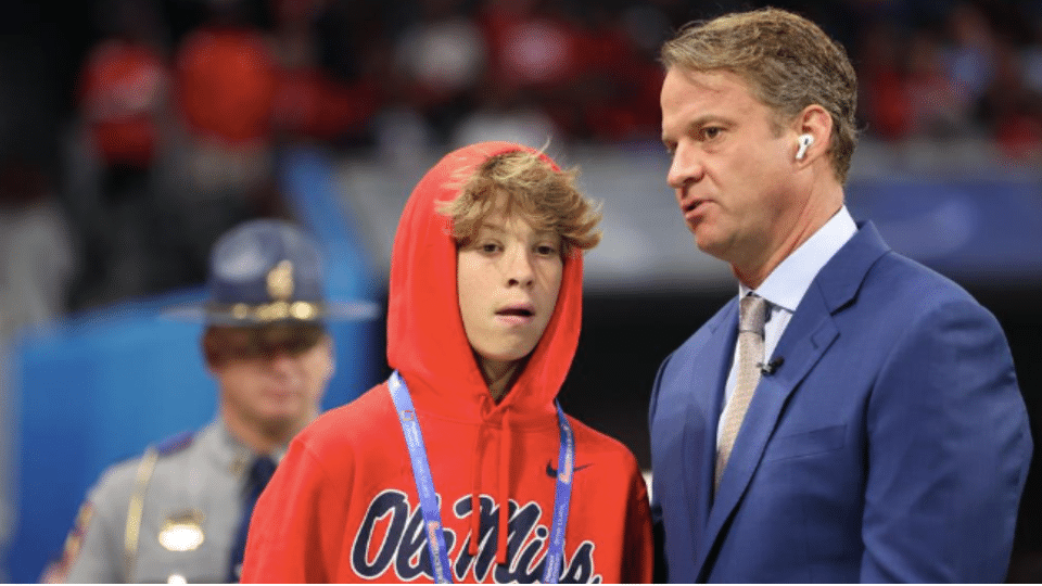 Knox Kiffin (left) and Lane Kiffin (right) ahead of the 2023 Chick-fil-A Peach Bowl. Photo courtesy of Ole Miss Athletics.