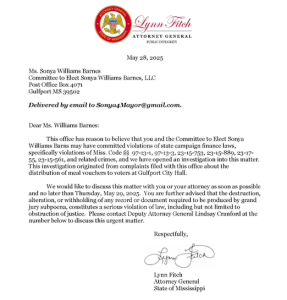Attorney General letter to Sonya Williams-Barnes