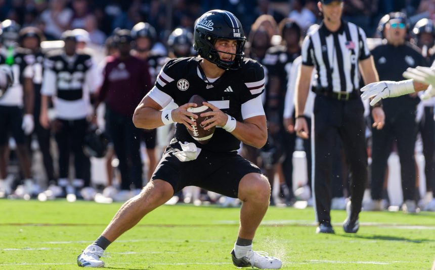 Mississippi State quarterback Billy Puckett (15) with the ball in a 23-15 loss to Oklahoma on Saturday, Oct. 24, 2026